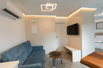 Interior of a modern new kitchen with dining table and chairs