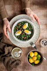Preparing Dinner with Sauteed Agretti with Taggiasca olives, pinoli or pine nut, and boiled eggs. Italian Salad. Boiled spring potato. Woman hands. 