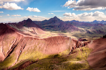 Aerial view of the Red Valley near the Vinicunca Rainbow Mountain in the Andes of Peru