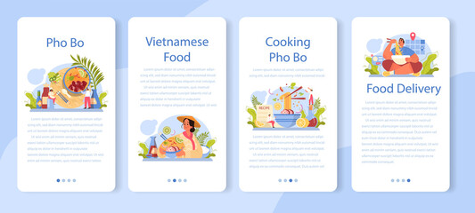 Pho bo mobile application banner set. Vietnamese soup in a bowl.