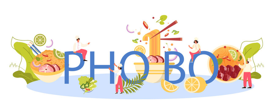 Pho bo typographic header. Vietnamese soup in a bowl. Traditional spicy