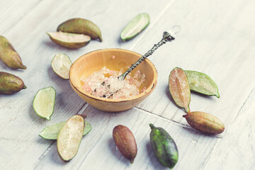 Australian finger lime or caviar lime, edible fruits used in gourmet cuisine - obrazy, fototapety, plakaty