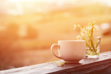 morning tea or coffee cup on wooden balcony outdoors with mountains background. bouquet of Carpathians snowdrop flowers near white cup. mountain relax concept