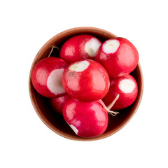 bowl of fragrant ripe red radishes isolated on white background. radishes root cut out