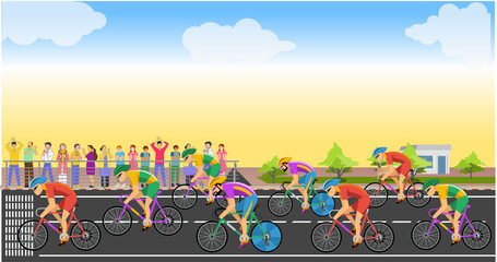 Cycling competition, cyclist athletes riding a race of high speed on the road. Vector illustration

