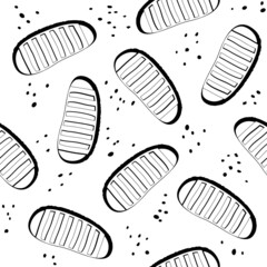 Seamless pattern with astronaut boot footprints on Moon surface. Vector background with spaceman step traces on alien planet sand. Black track of first foot print of cosmonaut shoe in space