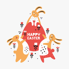 Happy Easter banner with typography. Funny bunnies near a big egg. Cartoon character yellow cute hare. Concept of Easter egg hunt. Modern minimal. Hand drawn vector illustration in Scandinavian style.