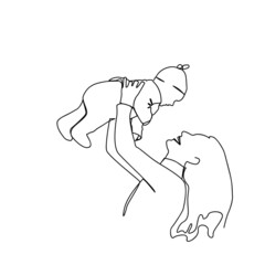 A mother with a baby in her arms laughs happily. Drawing with one line.