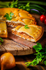 Empanada Gallega - traditional pie stuffed with tuna, Galician and Spanish cuisine.