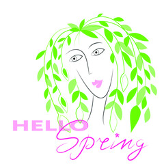 Hello Spring. Stylized face of young beautiful woman with green branches and leaves. Line art. Vector illustration.
