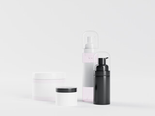 3d rendering set of bottles for lotion, cream or serum cosmetic. Mockup empty containers of self care products 