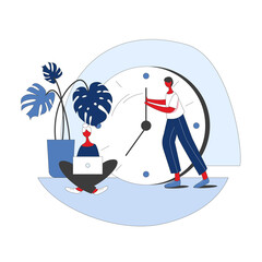 Time Management Concept, Woman Holding Clock Arrow. Businesswoman is trying to stop time