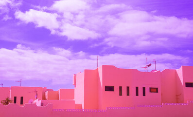Minimalist architecture stylish banner.Trendy colours combination. Pink and purple. Geometry and...