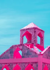Abwaschbare Fototapete Purpur Stilvoller Raum der minimalistischen Architektur. Trendige Farbkombination. Rosa und blau. Geometrie und Details