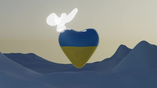 Sunset of landscape with heart in ukrainian colors and peace dove on it. Ukraine support and help. 3d render