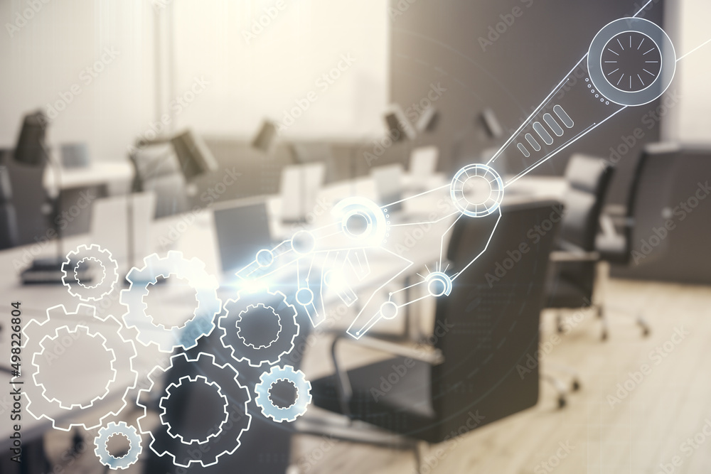 Aufkleber double exposure of abstract virtual robotics technology hologram on modern corporate office backgrou