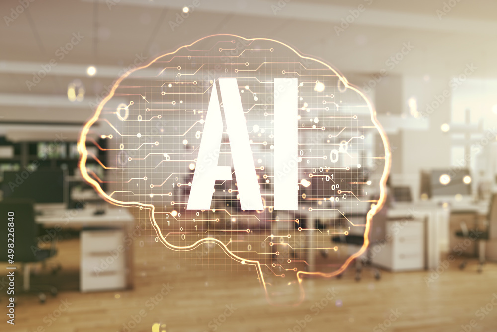 Poster double exposure of creative artificial intelligence interface on modern corporate office background.