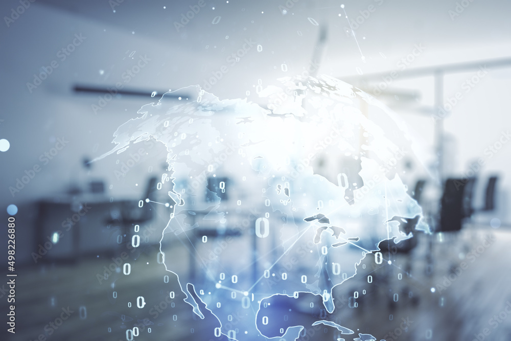 Aufkleber multi exposure of abstract software development hologram and world map on modern corporate office ba
