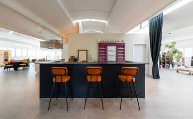 Front view with bar counter and three orange leather stools. Elegant interior