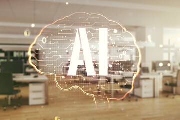 Double exposure of creative artificial Intelligence interface on modern corporate office background. Neural networks and machine learning concept