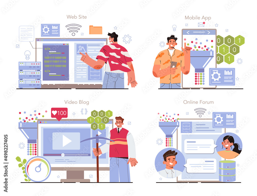 Poster big data online service or platform set. mining and analyzing