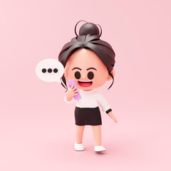  Cute business woman holding smartphone with message chat speech bubbles business concept icon or symbol on yellow background 3d rendering