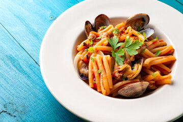 Piatto di deliziosa pasta con sugo di vongole veraci, Cibo Italiano 