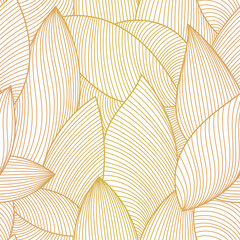 Nahtloses Muster des goldenen Luxus des Vektors, Blätterhintergrund. Line Bananenblatt Strichzeichnungen, handgezeichnetes Umrissdesign für Stoff, Druck, Cover, Banner und Einladung.
