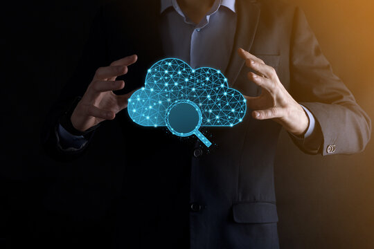 Cloud technology. Polygonal wireframe cloud storage sign with search magnifier icon on dark blue. Cloud computing, big data center, future infrastructure, digital ai concept. Virtual hosting symbol - Powered by Adobe