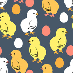 Vector seamless pattern with colorful chickens and eggs on a dark background