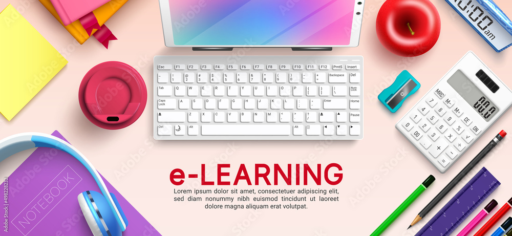 Poster e-learning vector background design. elearning text with online education elements of computer keybo