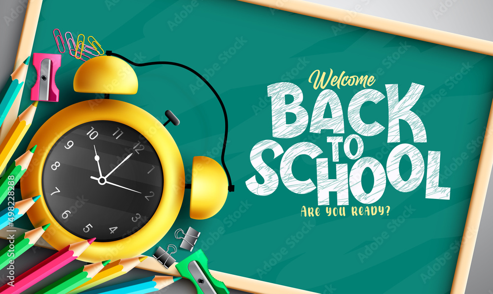 Poster back to school vector template design. back to school text in chalkboard space with alarm clock and 