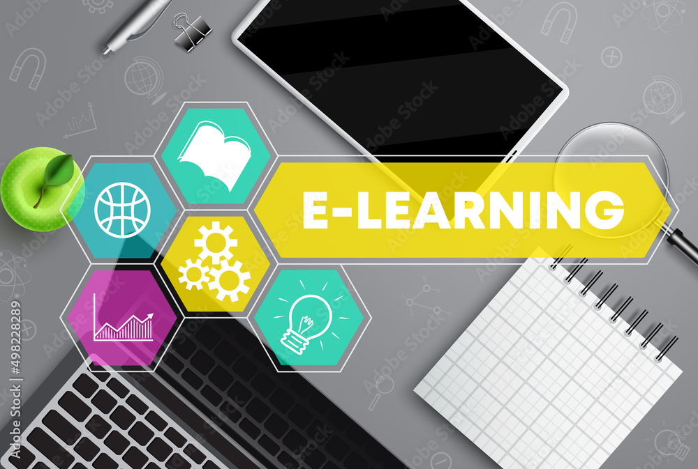Poster e-learning vector concept design. elearning text with laptop, tablet and notepad school study elemen