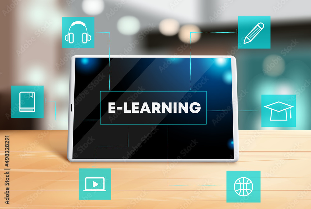Aufkleber e-learning vector concept design. elearning text in tablet screen device with online technology icon