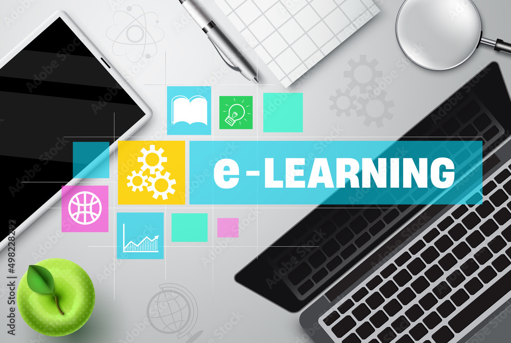 Poster e-learning vector concept design. elearning text in technology and knowledge icons with laptop and t