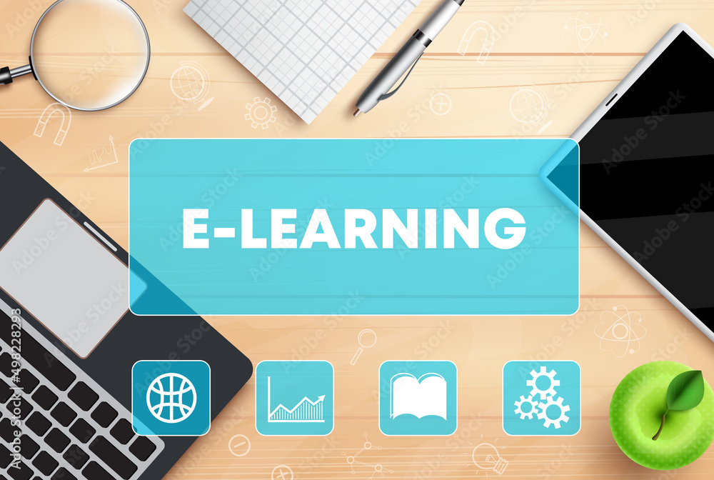 Aufkleber e-learning vector background design. elearning text with laptop, tablet device and technology learni