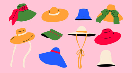 Set of hand drawn summer hats. Sun protection and classic beach accessory.