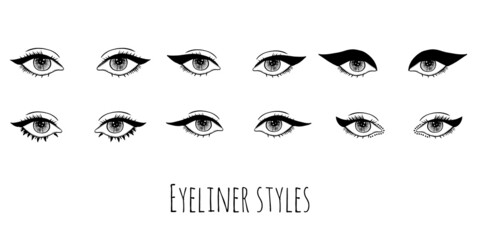 Collection of eyeliner styles. Beauty concept. Various application of eye make-up for everyday, festival of stage.