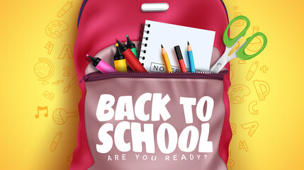 Back to school vector concept design. Back to school text in backpack bag and education supplies with doodle background for student educational learning objects. Vector illustration.