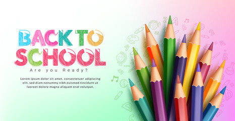 Back to school vector design. Back to school text with color pencil art elements in doodle pattern gradient background for kids educational creative learning study. Vector illustration.