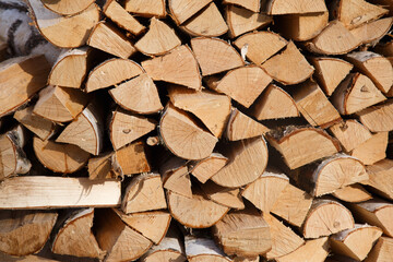 A pile of stacked firewood, prepared for heating the house. Firewood harvested for heating in winter.