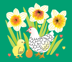 Easter vector illustration with hen, egg and chick among blooming daffodils