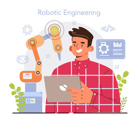 Cyber engineering concept. Robotics' constructing developing and setting