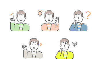 Simple young man (upper body) gesture pattern illustration set