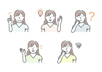 Simple young woman (upper body)  gesture pattern illustration set