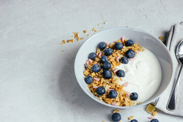 Yogurt with muesli and berries on a gray background.