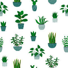 Fototapeta na wymiar Seamless pattern of houseplants in flowerpots. Cartoon colorful plants on white background