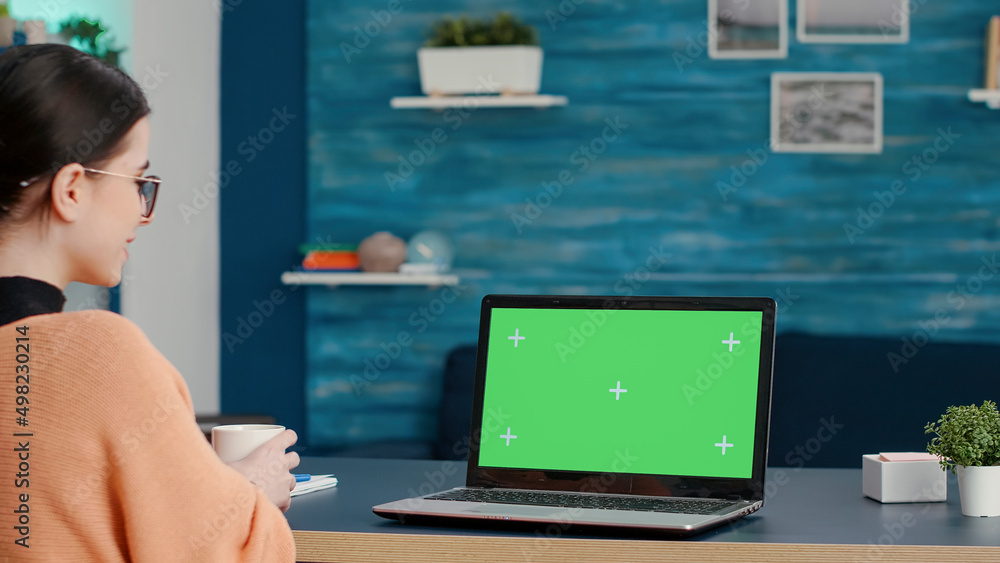 Poster young student looking at green screen on laptop computer, studying for online class lesson at home. 