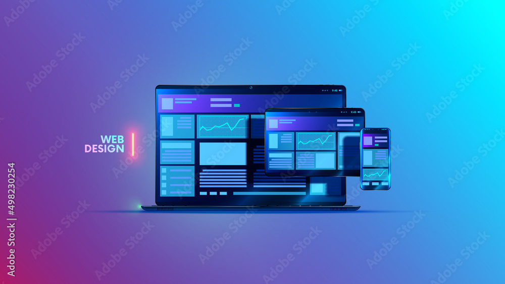 Fototapete Web design flat concept. Templates internet page of website on screen laptop tablet phone. Responsive web interface application development. Illustration of adaptation layout site on portable devices.