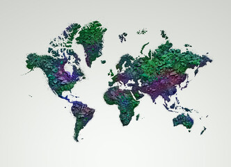 Green, blue and purple cracked powder in shape of world map